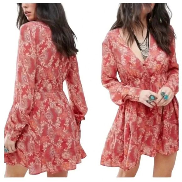 FREE PEOPLE | Stealing Fire Floral Print Peasant Tunic Dress in Red Combo Size M - Picture 4 of 12